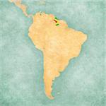 Guyana (Guyanese flag) on the map of South America. The Map is in vintage summer style and sunny mood. The map has a soft grunge and vintage atmosphere, which acts as a watercolor painting.