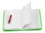 Open notepad green with a red pen on a white background