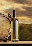 Wine bottle on vineyard background