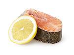 fresh trout steak with lemon, on white background