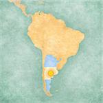 Argentina (Argentine flag) on the map of South America. The Map is in vintage summer style and sunny mood. The map has a soft grunge and vintage atmosphere, which acts as a watercolor painting.