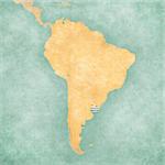Uruguay (Uruguayan flag) on the map of South America. The Map is in vintage summer style and sunny mood. The map has a soft grunge and vintage atmosphere, which acts as a watercolor painting.