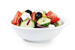 fresh greek salad in white bowl, isolated on white