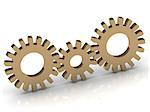 Connection of the three gold gears on a white background