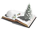 igloo with  christmas gifts on the open book. 3d concept