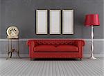Vintage living room with red couch and old radio - rendering