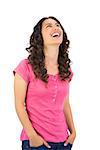 Smiling long haired brunette posing on white background