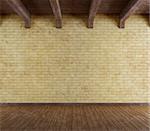 Empty grunge room with old brick wall and wooden ceiling - rendering