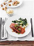 Grilled Salmon with Bok Choy and Bowl of Rice, Studio Shot