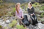 Portrait of two young female hikers with rucksacks