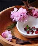 Cherry Blossoms in a Wooden Bowl with Cranberries and Wooden Spoons