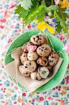 Fresh Quail Eggs in a Green Bowl with Burlap