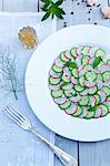 Cucumber and Radish Salad with Fennel and Garlic on a White Plate