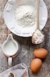 Baking ingredients: eggs, milk, flour