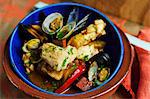 Fish stew with chorizo, clams and mussels