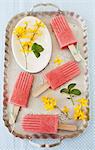 Strawberry smoothie ice lollies on a tray with forsythia flowers