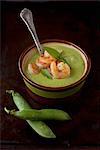 A Bowl of Green Pea and Mint Soup with Shrimp