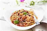 Spaghetti with king prawns and tomato sauce