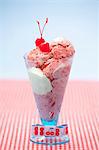 Strawberry ice cream with cocktail cherries