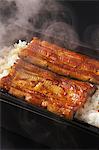 Still life with steamed white rice and fish