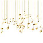Card with musical notes and golden treble clef on a white background. Vector illustration