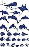stylized set of marine animals and fish made on a white background in blue