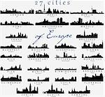 Set of Detailed vector silhouettes of European cities