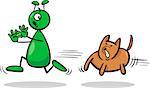 Cartoon Illustration of Funny Alien or Martian Comic Character Running Away form Dog