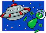 Cartoon Illustration of Funny Alien or Martian Comic Character with Flying Saucer or Spaceship or Ufo