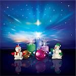 Abstract Christmas blue greeting with snowmen and decorations