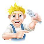 A plumber, mechanic or engineer in overalls pointing and holding an adjustable spanner or wrench