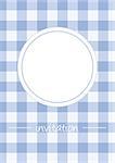 Retro blue vintage vector card or invitation with checkered pattern or grid texture and white space like plate or place for photo. Button, restaurant menu card, baby shower or opening invitation.