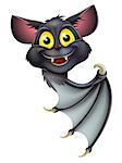 A happy cartoon black bat, perhaps a Halloween vampire bat, peeking round a banner and pointing
