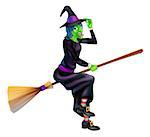Illustration of a happy cartoon Halloween witch flying on her broomstick and tipping her hat