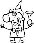 Black and White Cartoon Illustration of Funny Clown Performer with Horn Profession Occupation Coloring Page