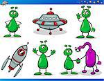 Cartoon Illustrations Set of Fantasy Aliens or Martians Comic Mascot Characters