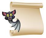 An illustration of a cute cartoon Halloween vampire bat peeping round a scroll sign and showing what is written on it.