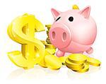 Illustration of a pink piggy bank with lots of gold coins and a big dollar sign or symbol