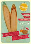 Retro Card. Invitation to Hawaiian Party for surfers, Tiki Bar. Vintage Style. Vector Illustration.