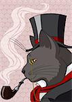Vector illustration of a cat in top hat and smoking a pipe.