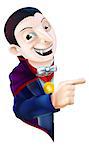 An illustration of a cute cartoon Count Dracula vampire character for Halloween pointing at a sign or banner