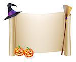 Halloween background scroll sign with witch hat, broomstick and carved orange pumpkins