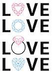 diamond love with hearts and gemstones, vector set
