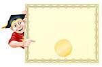 Cartoon man in graduate cap peeking round a certificate and pointing at it