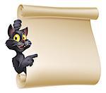 An illustration of a cute cartoon Halloween cat peeping round a scroll sign and showing what is written on it.