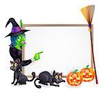 Halloween background sign frame with witch, Halloween pumpkin, witch's black cats and broomstick, copyspace for your text