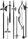 set of simplified black-and-white silhouette of medieval weapons.