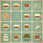Set of Retro Coffee Labels in Vintage Style with Types of Coffee Drinks and Food Icons. Vector Illustration.
