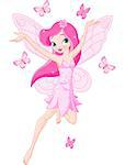 Illustration of a cute pink spring fairy in flight