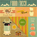 Farm Fresh Organic Products. Vintage Card, Retro Farm Food Emblems. Vector Illustration.